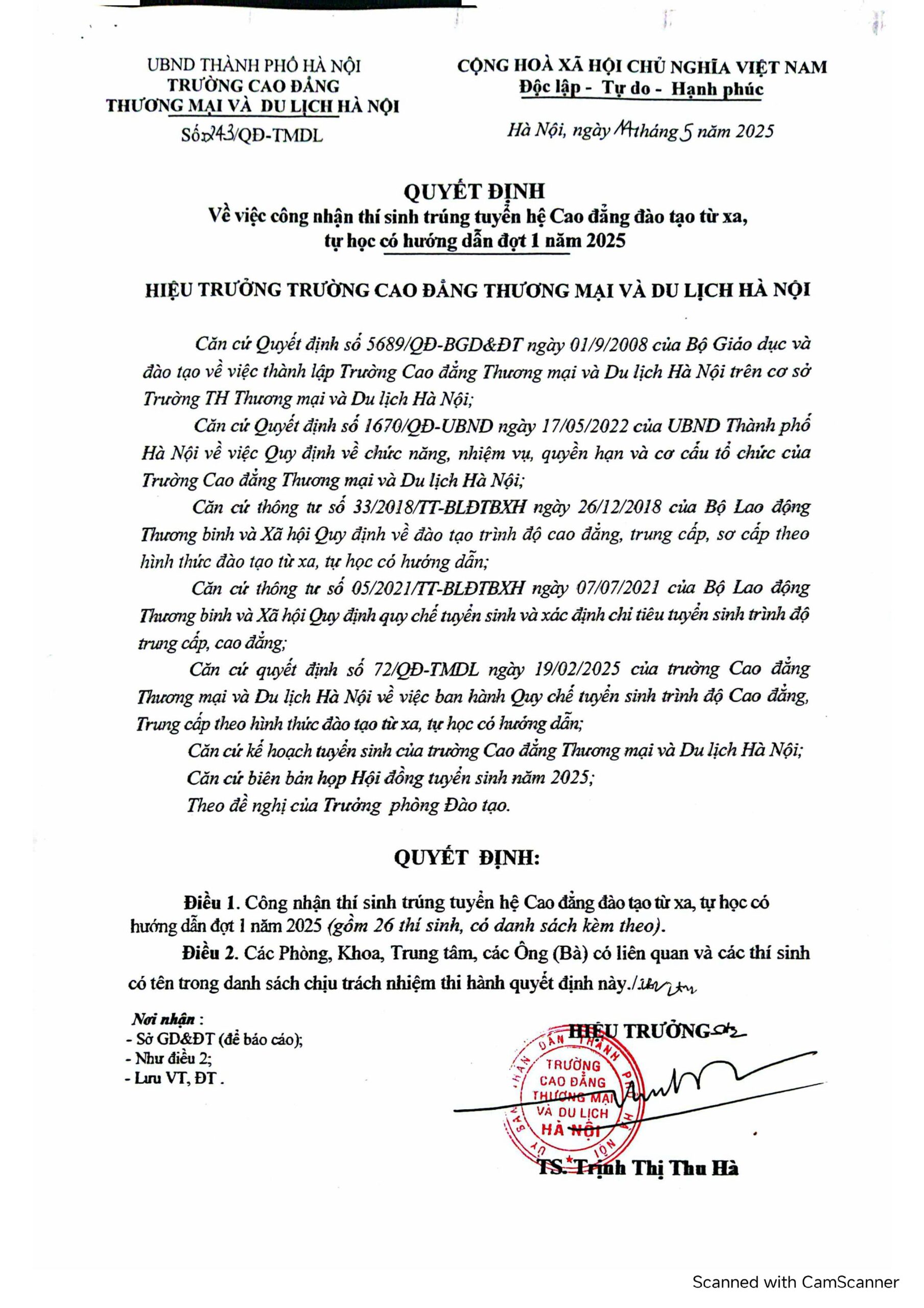 Quyết định: Công nhận học sinh trúng tuyển hệ Cao đẳng từ xa đợt 1 năm 2025